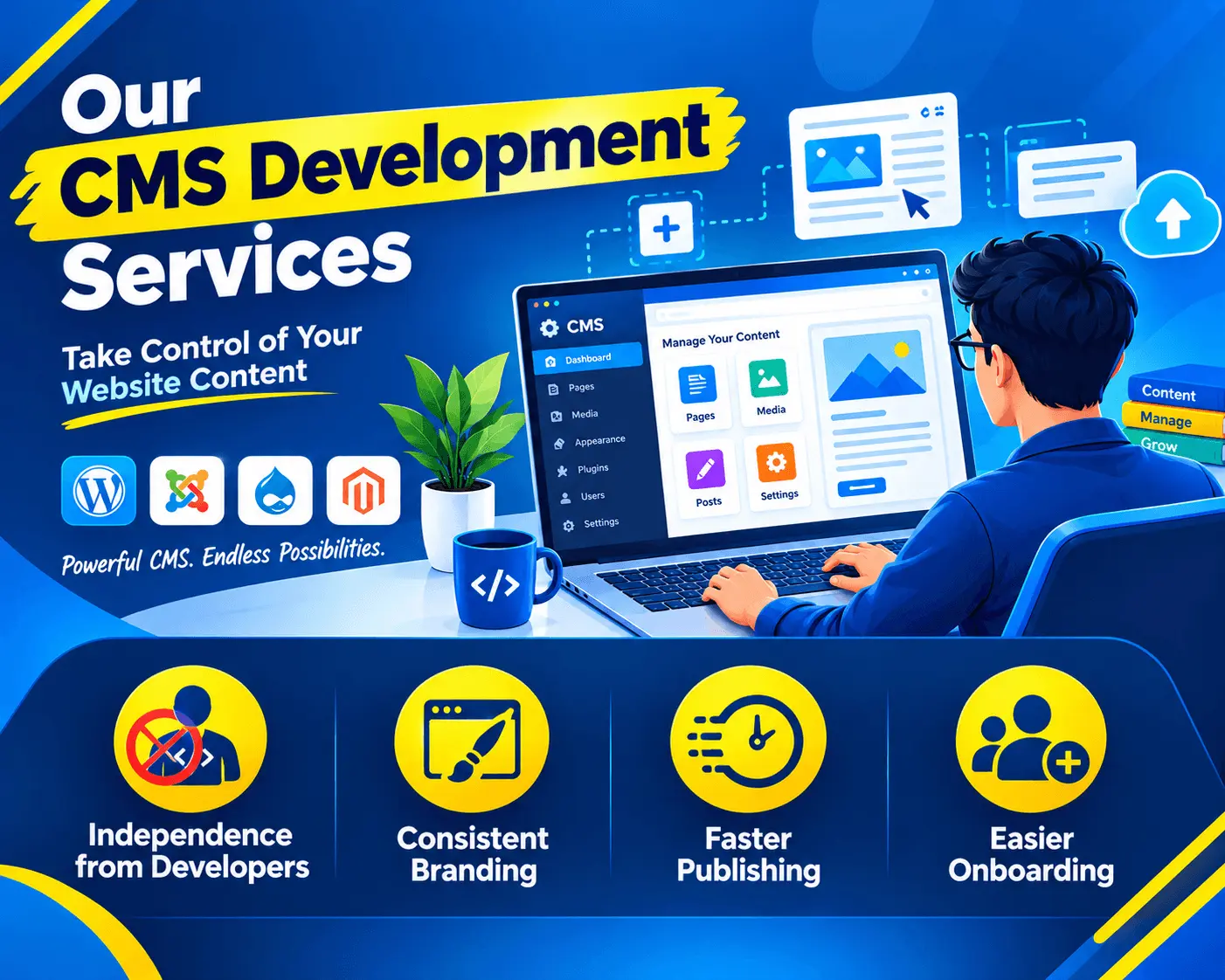 Illustration representing CMS Development Services by Brand Sky Technologies